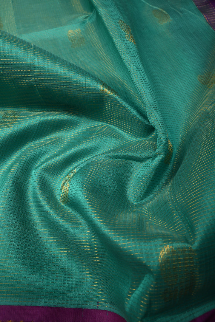 Green Vairaoosi Zari Stripes on Kanchi Silk Cotton Handloom Saree with Zari Buttas and Contrast Zari Border | SHOBITAM