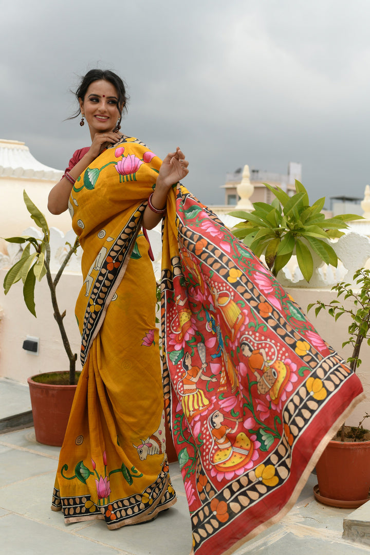 Prussian Blue Pure Handloom Tussar Silk saree with Kalamkari Pichawai Handpainted | SILK MARK CERTIFIED (Copy)