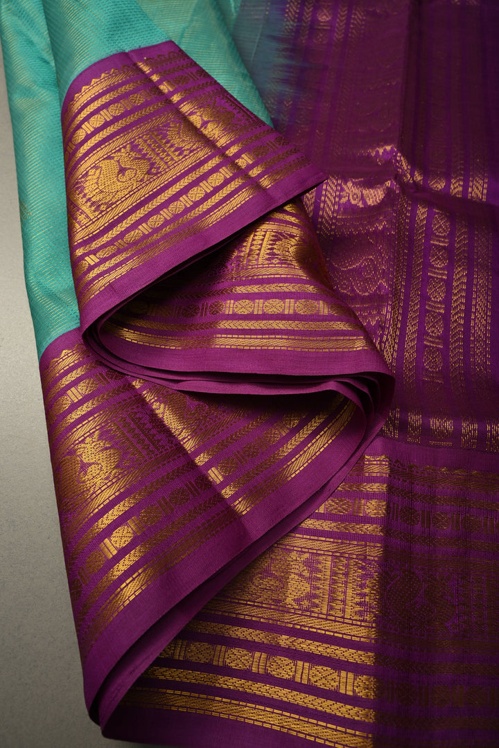 Green Vairaoosi Zari Stripes on Kanchi Silk Cotton Handloom Saree with Zari Buttas and Contrast Zari Border | SHOBITAM