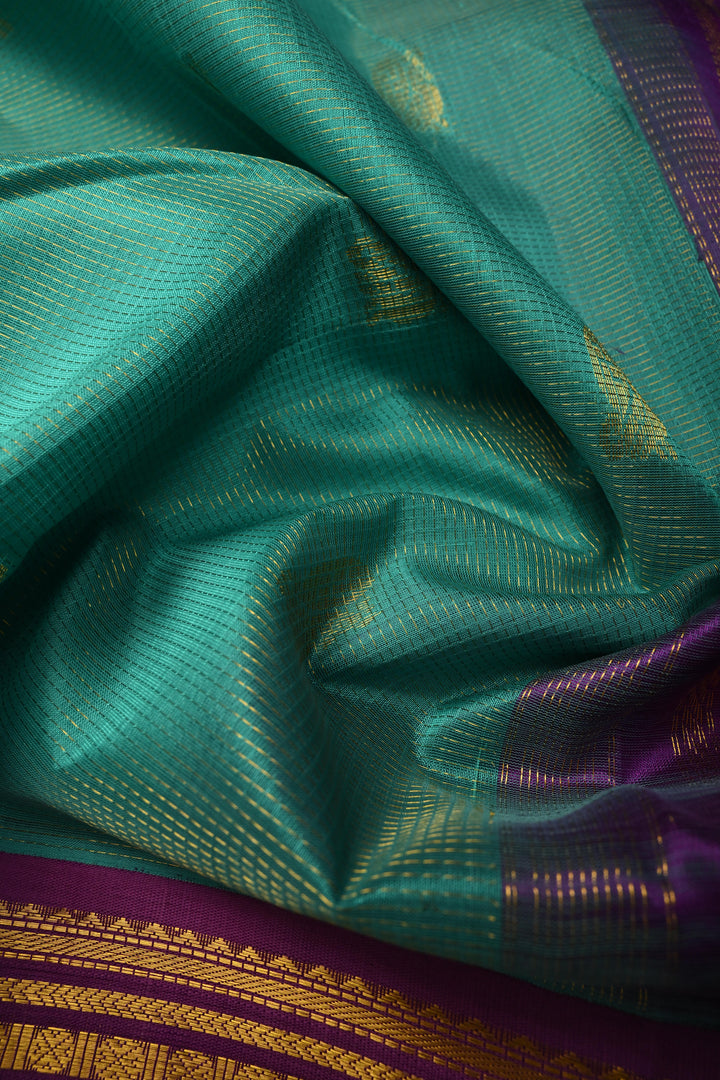 Green Vairaoosi Zari Stripes on Kanchi Silk Cotton Handloom Saree with Zari Buttas and Contrast Zari Border | SHOBITAM