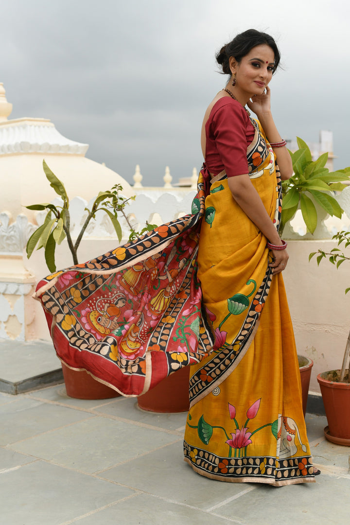 Prussian Blue Pure Handloom Tussar Silk saree with Kalamkari Pichawai Handpainted | SILK MARK CERTIFIED (Copy)