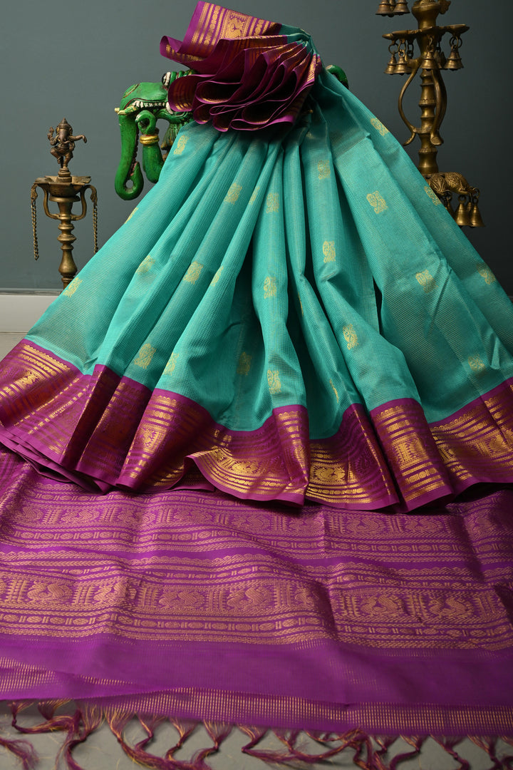 Green Vairaoosi Zari Stripes on Kanchi Silk Cotton Handloom Saree with Zari Buttas and Contrast Zari Border | SHOBITAM