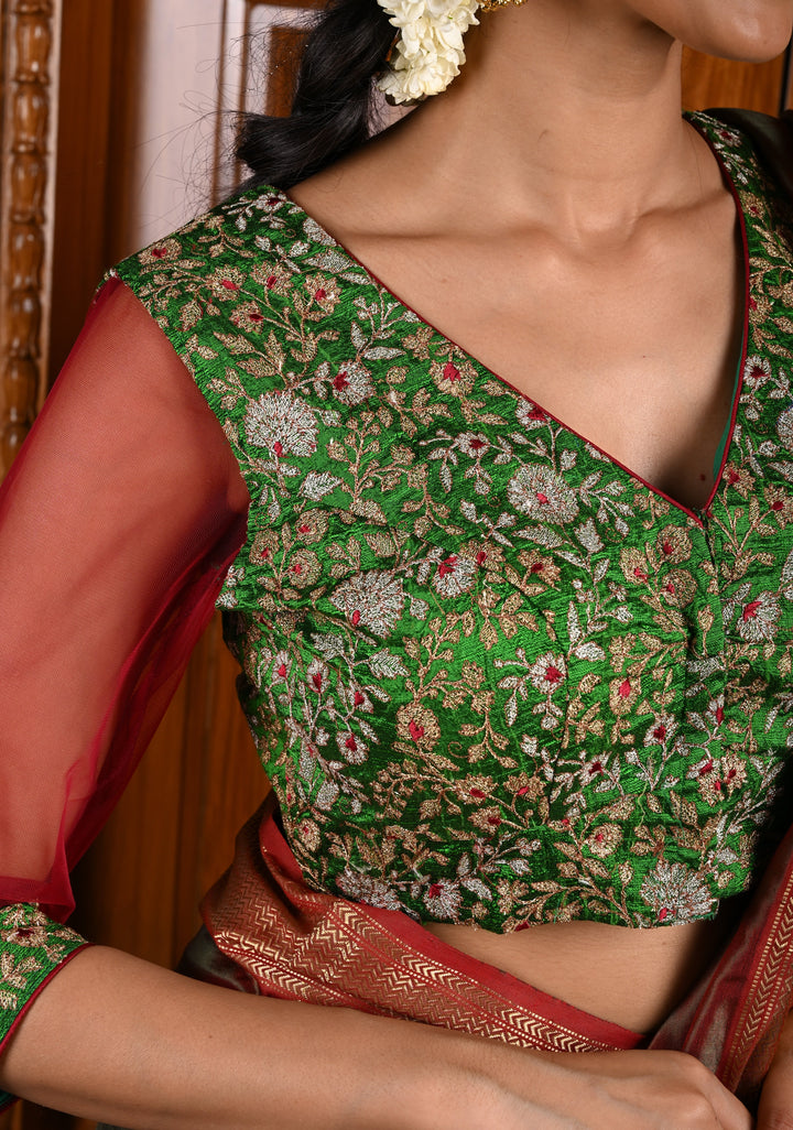 Green Raw Silk Full Jaal Embroidery Blouse with Net on Sleeves and Back, Customizable, Made to order