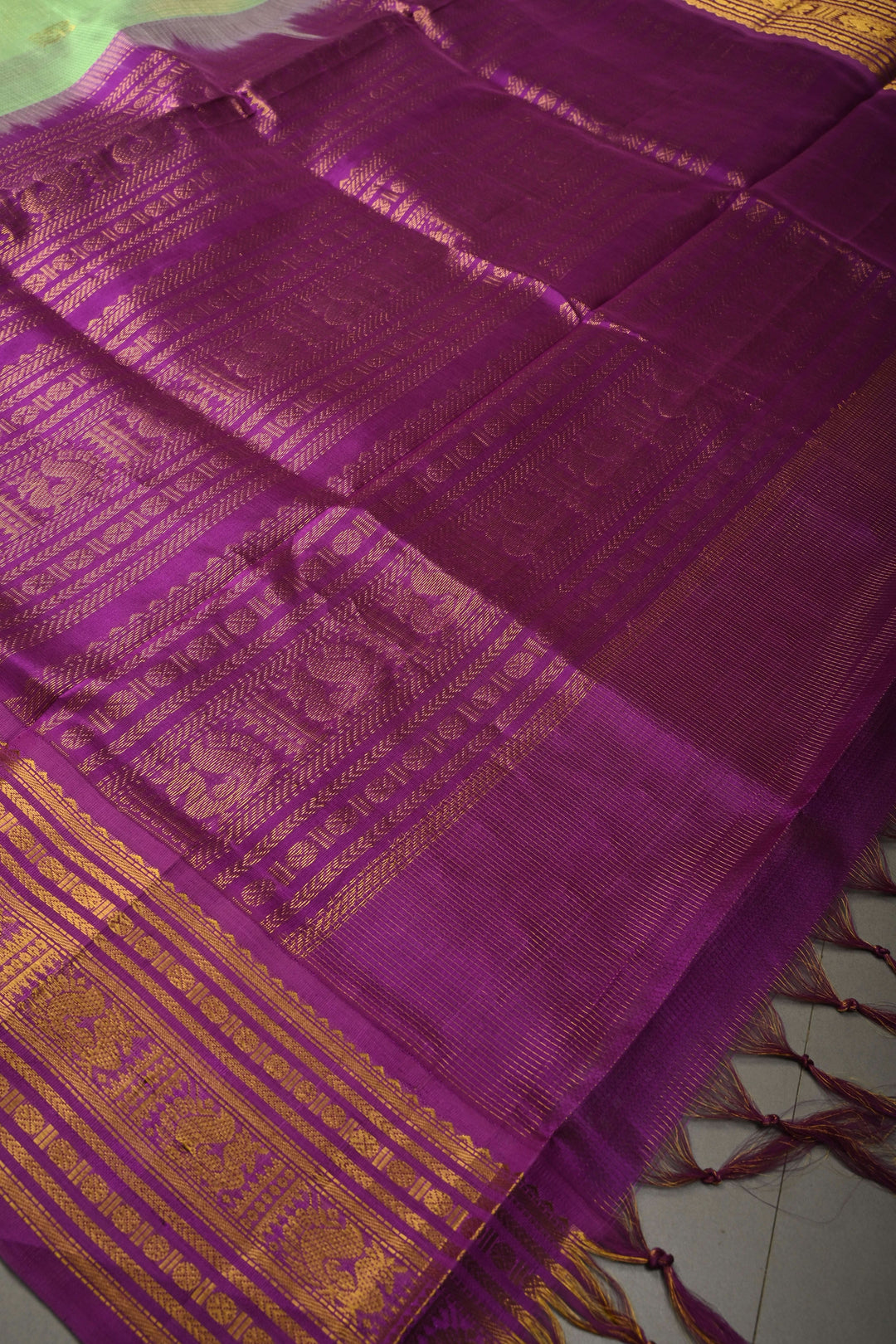 Pista Green Vairaoosi Zari Stripes on Kanchi Silk Cotton Handloom Saree with Zari Buttas and Contrast Zari Border | SHOBITAM