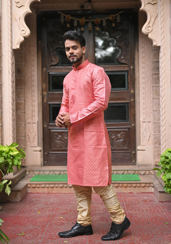 Peach Pink Self Weave Kurta pajama Set for Men, Multiple Sizes | Ethnic Menswear by Shobitam