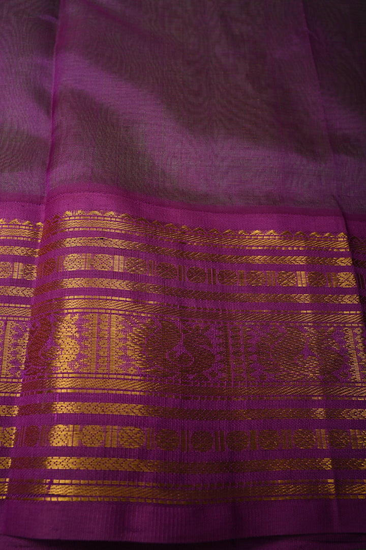 Pista Green Vairaoosi Zari Stripes on Kanchi Silk Cotton Handloom Saree with Zari Buttas and Contrast Zari Border | SHOBITAM