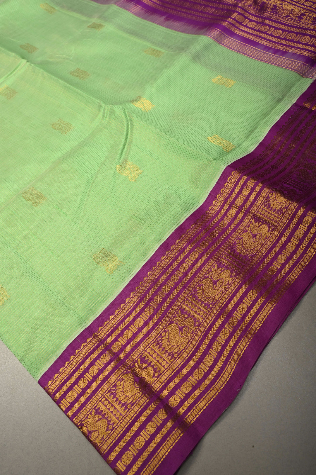 Pista Green Vairaoosi Zari Stripes on Kanchi Silk Cotton Handloom Saree with Zari Buttas and Contrast Zari Border | SHOBITAM