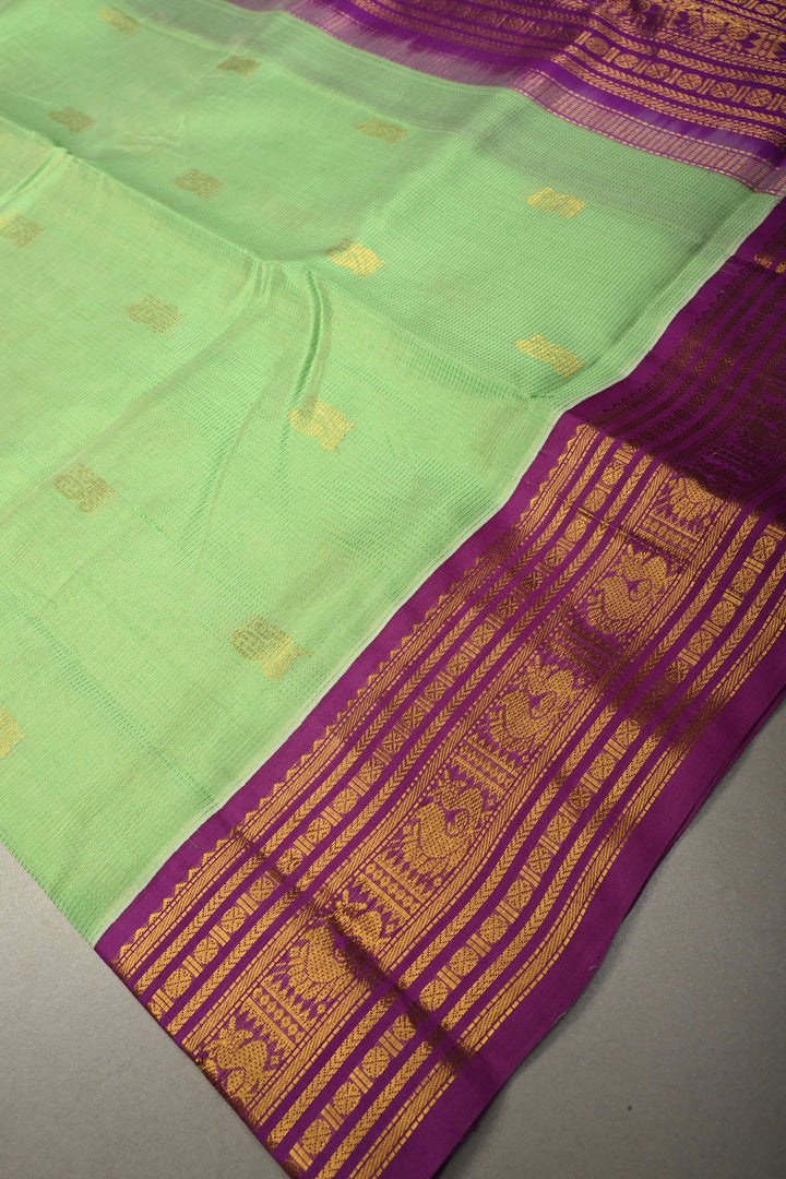 Pista Green Vairaoosi Zari Stripes on Kanchi Silk Cotton Handloom Saree with Zari Buttas and Contrast Zari Border | SHOBITAM
