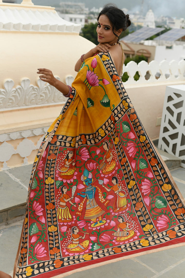 Prussian Blue Pure Handloom Tussar Silk saree with Kalamkari Pichawai Handpainted | SILK MARK CERTIFIED (Copy)