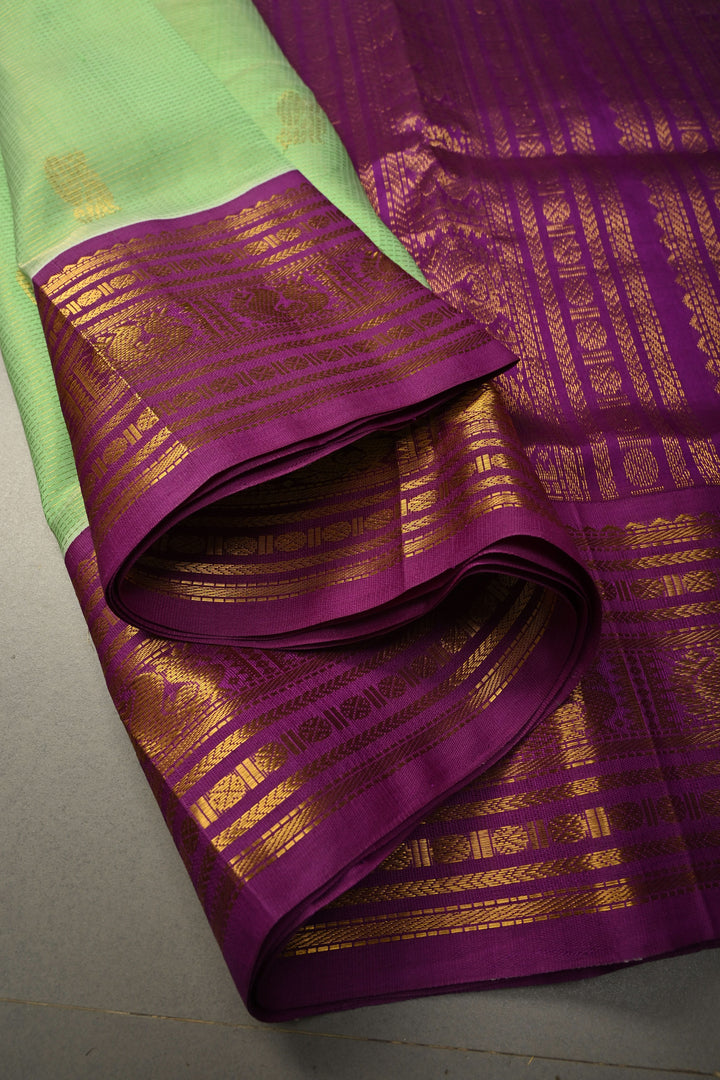 Pista Green Vairaoosi Zari Stripes on Kanchi Silk Cotton Handloom Saree with Zari Buttas and Contrast Zari Border | SHOBITAM