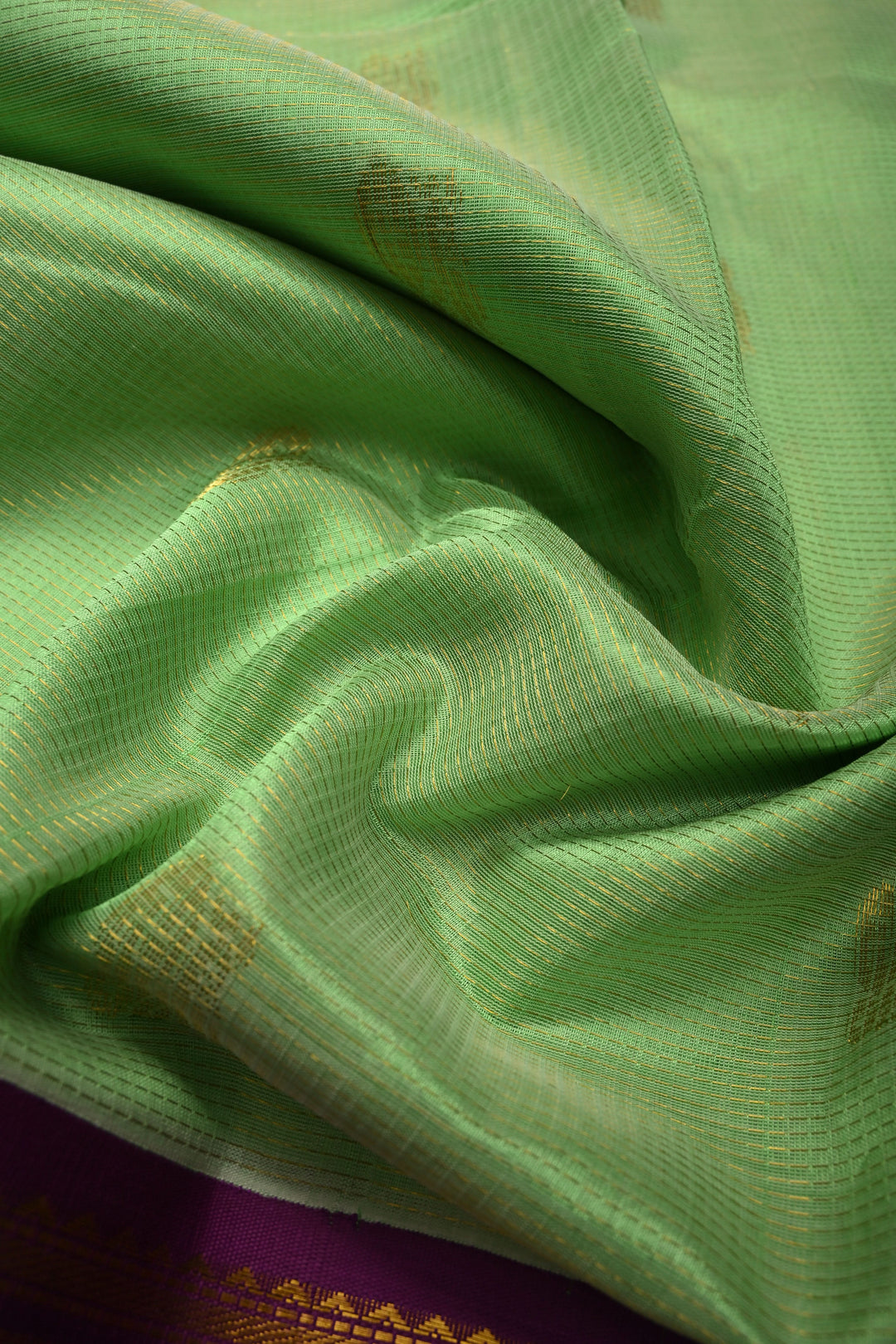 Pista Green Vairaoosi Zari Stripes on Kanchi Silk Cotton Handloom Saree with Zari Buttas and Contrast Zari Border | SHOBITAM