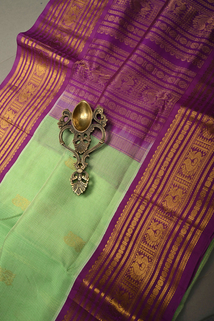 Pista Green Vairaoosi Zari Stripes on Kanchi Silk Cotton Handloom Saree with Zari Buttas and Contrast Zari Border | SHOBITAM