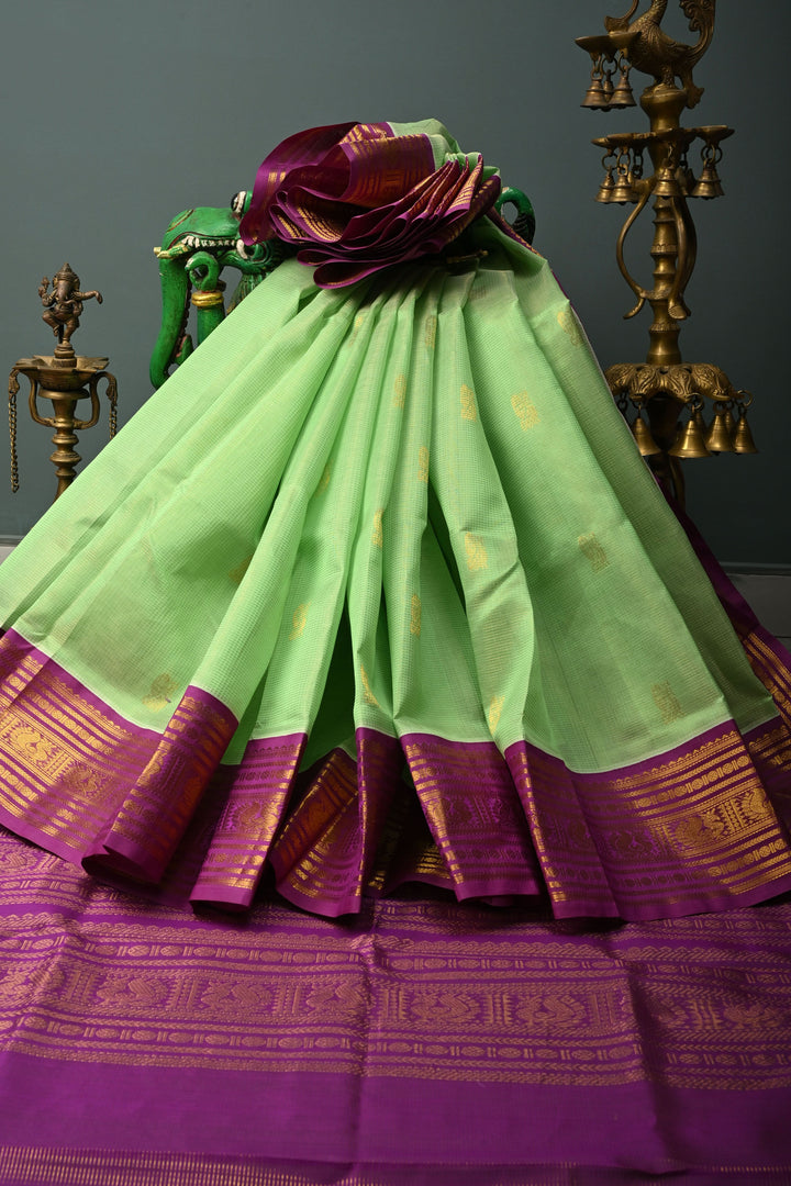 Pista Green Vairaoosi Zari Stripes on Kanchi Silk Cotton Handloom Saree with Zari Buttas and Contrast Zari Border | SHOBITAM