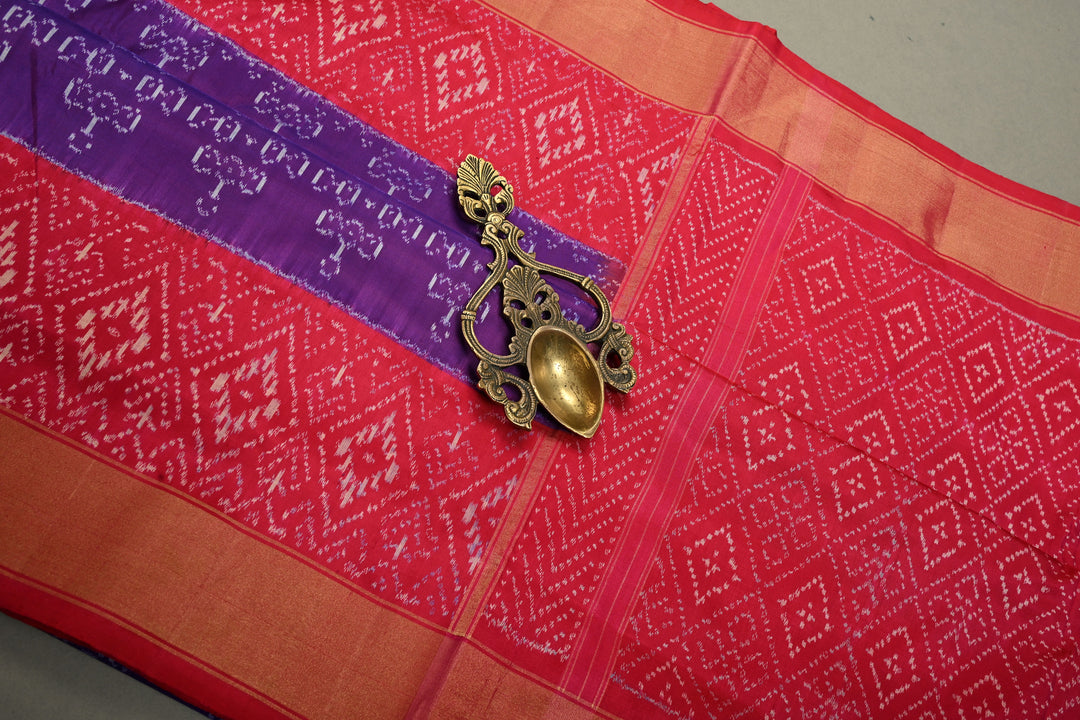 Royal Purple Pochampally Ikkat Pure Silk Saree with Pulli Kolam Design and Contrast Panel Design on Tissue Zari Border  | SILK MARK CERTIFIED | SHOBITAM