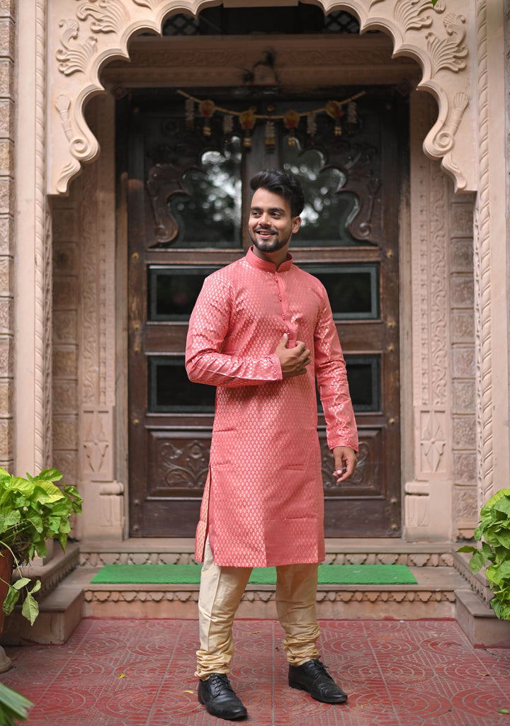 Peach Pink Self Weave Kurta pajama Set for Men, Multiple Sizes | Ethnic Menswear by Shobitam