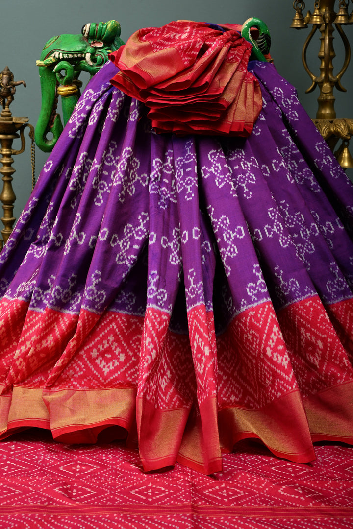 Royal Purple Pochampally Ikkat Pure Silk Saree with Pulli Kolam Design and Contrast Panel Design on Tissue Zari Border  | SILK MARK CERTIFIED | SHOBITAM