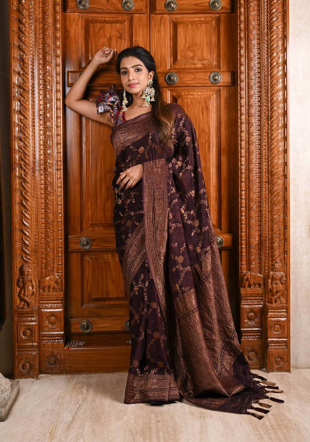 Stunning Coco Brown Mysore Silk Saree with Antique Zari Floral Jaal and Zari Border | SILK MARK CERTIFIED