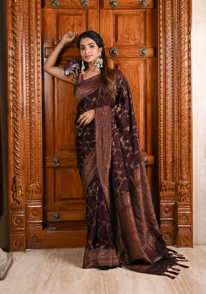 Stunning Coco Brown Mysore Silk Saree with Antique Zari Floral Jaal and Zari Border | SILK MARK CERTIFIED