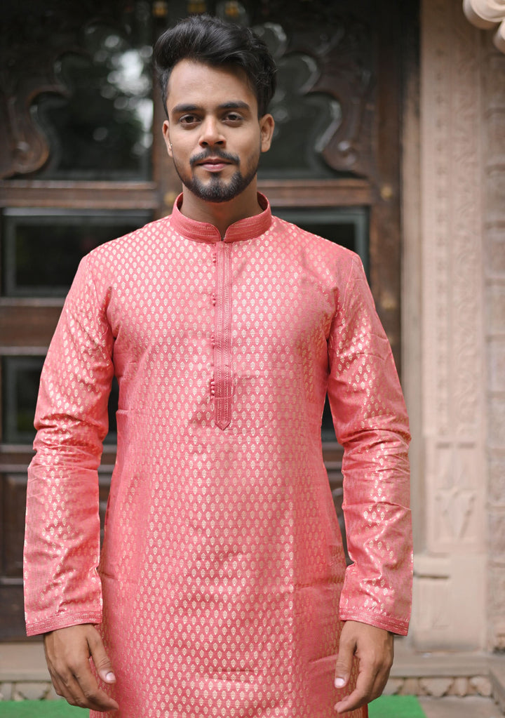 Peach Pink Self Weave Kurta pajama Set for Men, Multiple Sizes | Ethnic Menswear by Shobitam