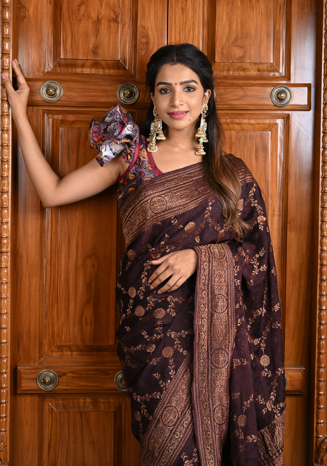 Stunning Coco Brown Mysore Silk Saree with Antique Zari Floral Jaal and Zari Border | SILK MARK CERTIFIED