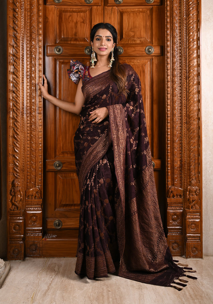 Stunning Coco Brown Mysore Silk Saree with Antique Zari Floral Jaal and Zari Border | SILK MARK CERTIFIED