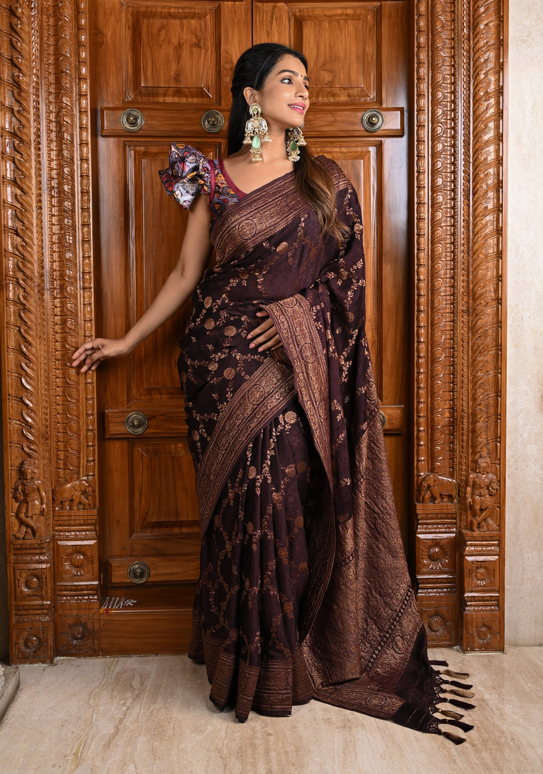 Stunning Coco Brown Mysore Silk Saree with Antique Zari Floral Jaal and Zari Border | SILK MARK CERTIFIED