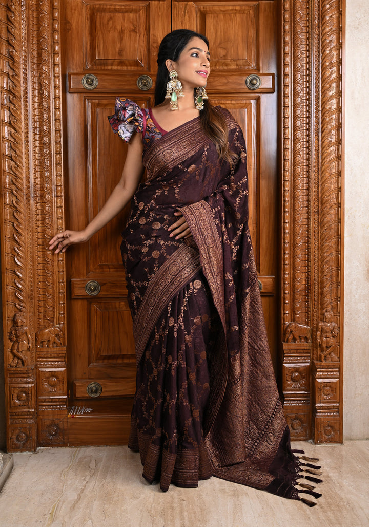 Stunning Coco Brown Mysore Silk Saree with Antique Zari Floral Jaal and Zari Border | SILK MARK CERTIFIED