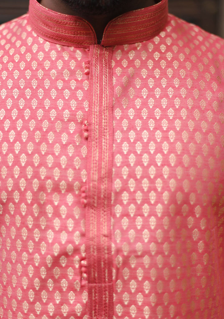 Peach Pink Self Weave Kurta pajama Set for Men, Multiple Sizes | Ethnic Menswear by Shobitam