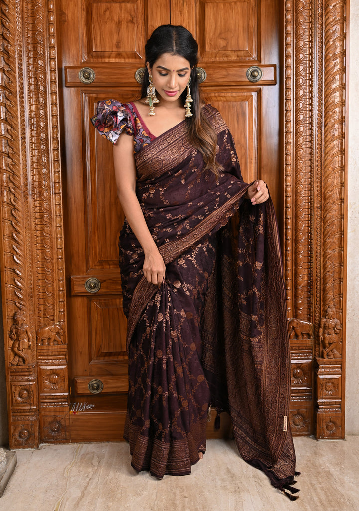 Stunning Coco Brown Mysore Silk Saree with Antique Zari Floral Jaal and Zari Border | SILK MARK CERTIFIED