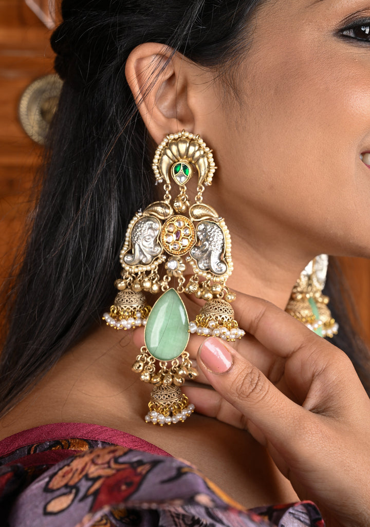 Oxidized Sage green Stone Long Earring set with Dangling Beads | Shobitam Jewelry