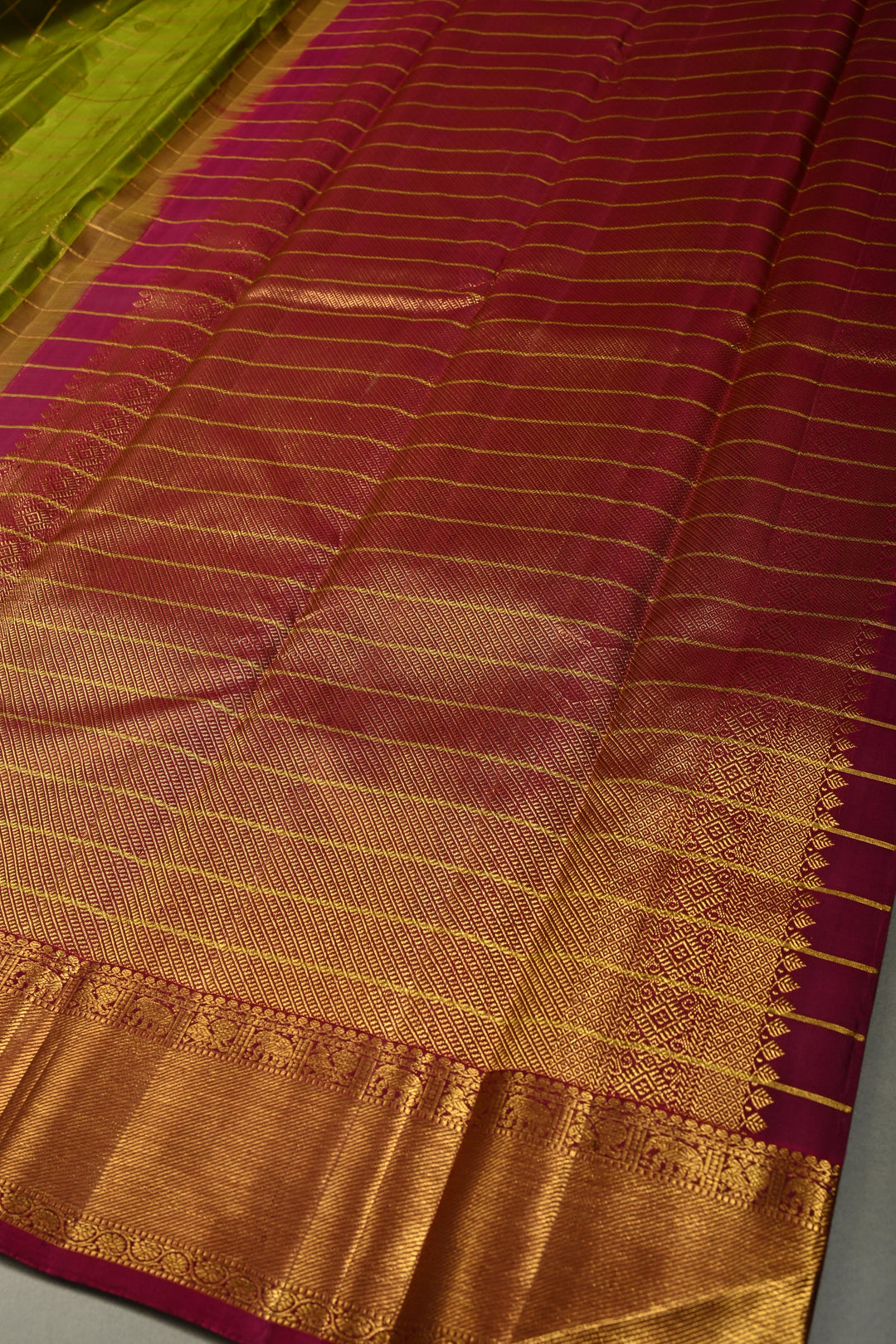 Mehendi Green Zari Checks on Gadwal Pure Silk Saree with Zari Buttas and Contrast Zari Border | SILK MARK CERTIFIED | SHOBITAM