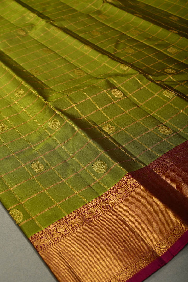 Mehendi Green Zari Checks on Gadwal Pure Silk Saree with Zari Buttas and Contrast Zari Border | SILK MARK CERTIFIED | SHOBITAM