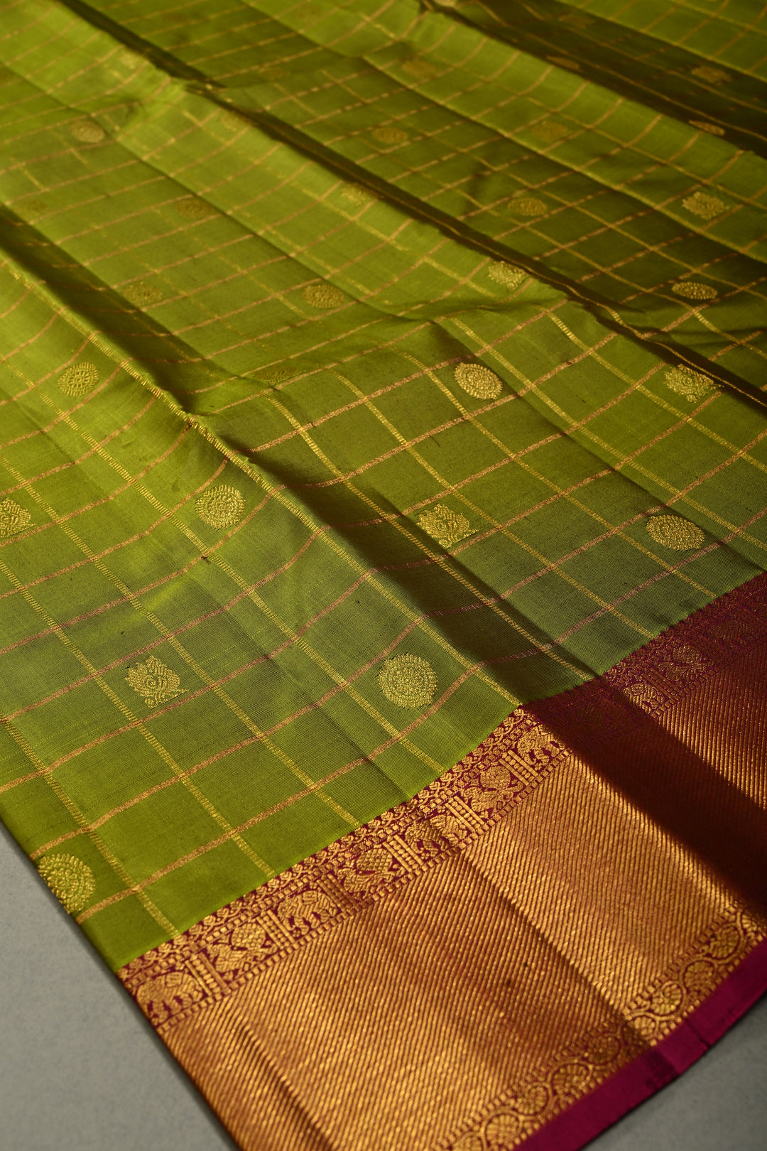 Mehendi Green Zari Checks on Gadwal Pure Silk Saree with Zari Buttas and Contrast Zari Border | SILK MARK CERTIFIED | SHOBITAM