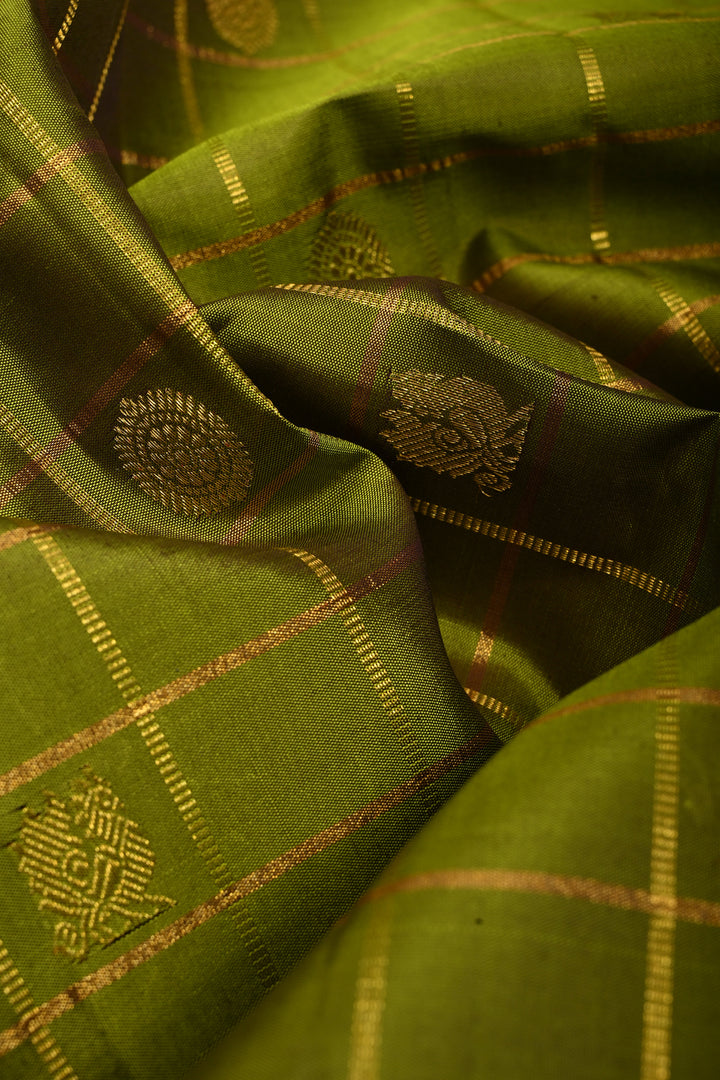 Mehendi Green Zari Checks on Gadwal Pure Silk Saree with Zari Buttas and Contrast Zari Border | SILK MARK CERTIFIED | SHOBITAM