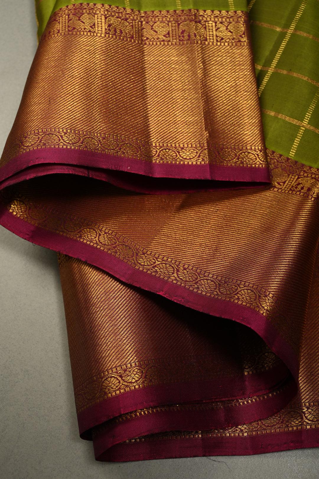 Mehendi Green Zari Checks on Gadwal Pure Silk Saree with Zari Buttas and Contrast Zari Border | SILK MARK CERTIFIED | SHOBITAM