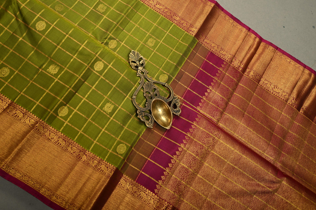 Mehendi Green Zari Checks on Gadwal Pure Silk Saree with Zari Buttas and Contrast Zari Border | SILK MARK CERTIFIED | SHOBITAM