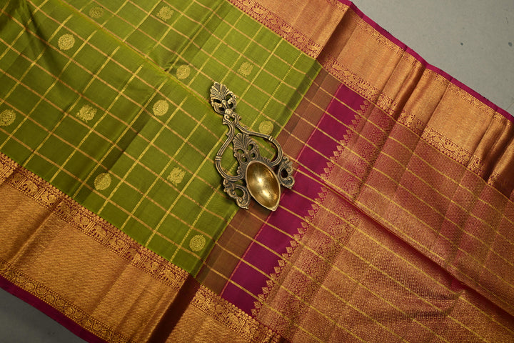 Mehendi Green Zari Checks on Gadwal Pure Silk Saree with Zari Buttas and Contrast Zari Border | SILK MARK CERTIFIED | SHOBITAM