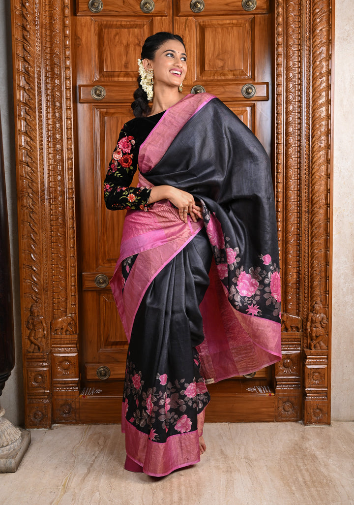 Jari Tussar Silk Saree in Black with Floral Digital Print Above Contrast zari Border | SILK MARK CERTIFIED | SHOBITAM