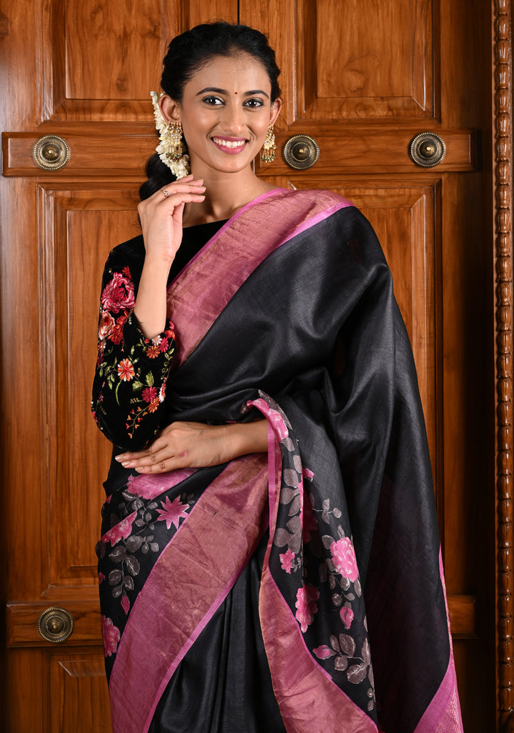 Jari Tussar Silk Saree in Black with Floral Digital Print Above Contrast zari Border | SILK MARK CERTIFIED | SHOBITAM