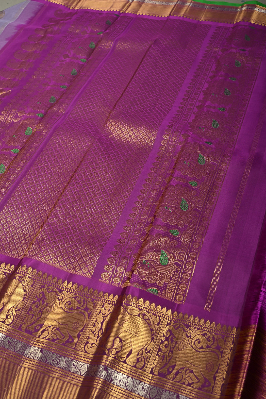 Gray-Dusty Lavender Gadwal Silk Saree with Gold-Silver Floral Zari Buttas and Contrast Wide Zari Border | SILK MARK CERTIFIED | SHOBITAM