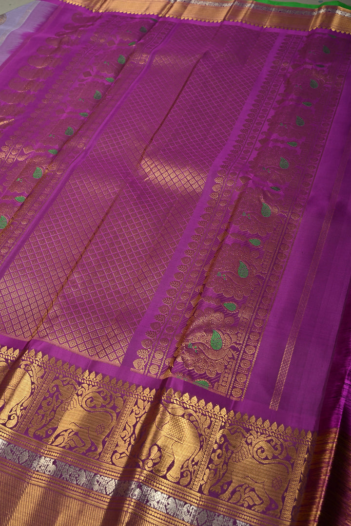 Gray-Dusty Lavender Gadwal Silk Saree with Gold-Silver Floral Zari Buttas and Contrast Wide Zari Border | SILK MARK CERTIFIED | SHOBITAM