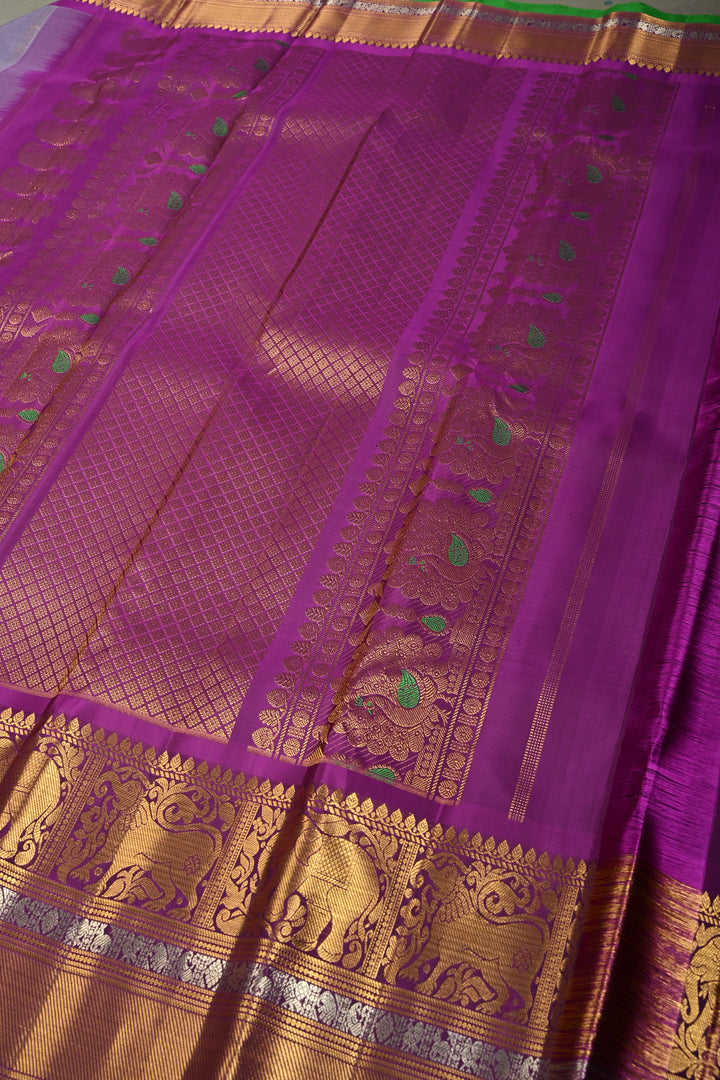 Gray-Dusty Lavender Gadwal Silk Saree with Gold-Silver Floral Zari Buttas and Contrast Wide Zari Border | SILK MARK CERTIFIED | SHOBITAM