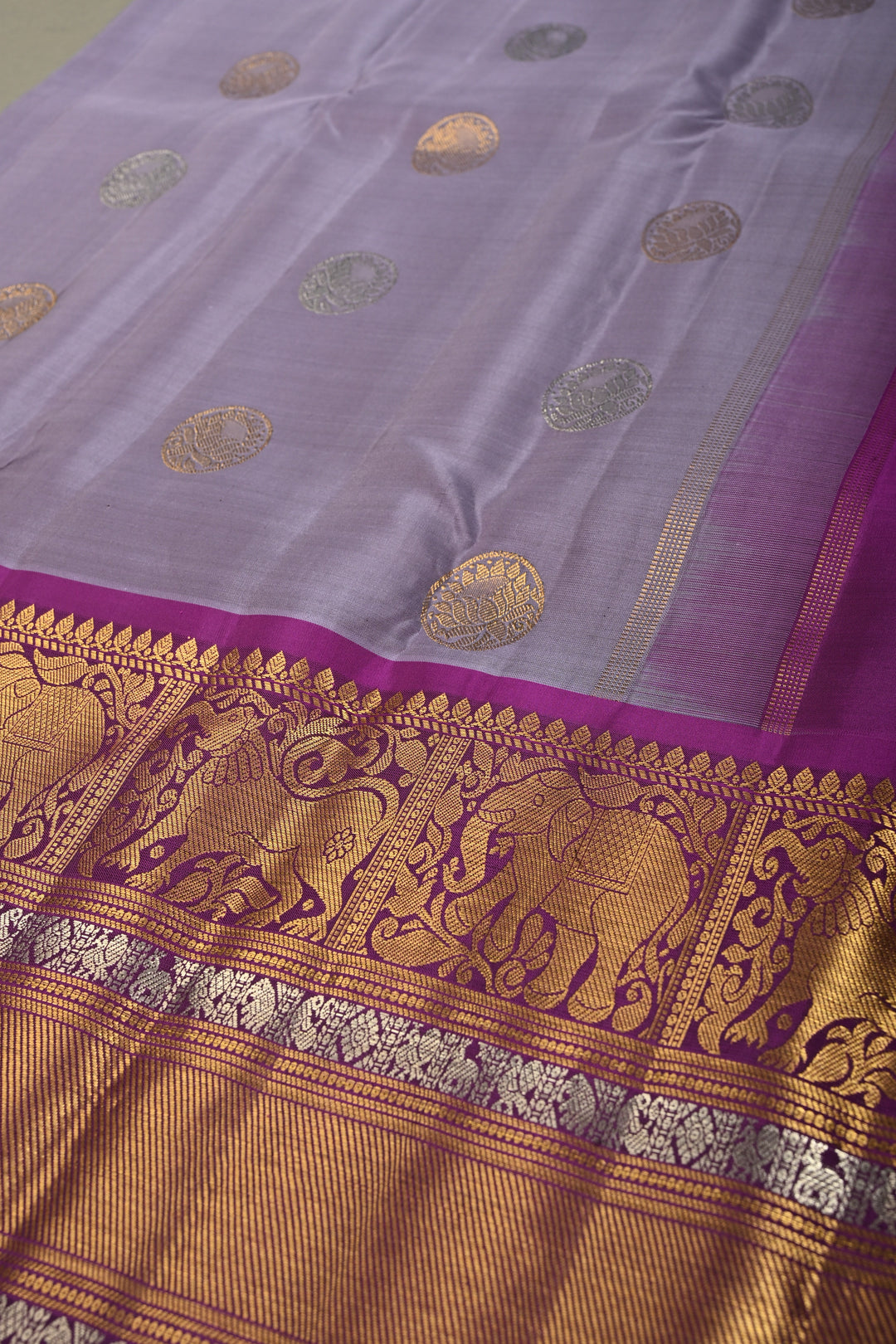 Gray-Dusty Lavender Gadwal Silk Saree with Gold-Silver Floral Zari Buttas and Contrast Wide Zari Border | SILK MARK CERTIFIED | SHOBITAM