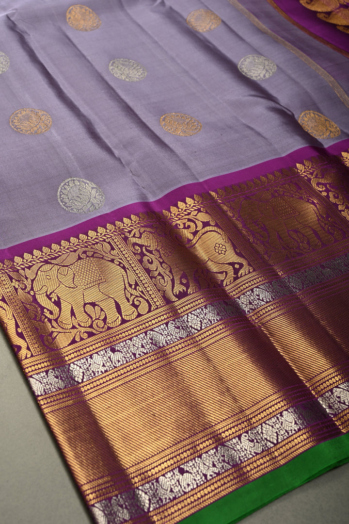 Gray-Dusty Lavender Gadwal Silk Saree with Gold-Silver Floral Zari Buttas and Contrast Wide Zari Border | SILK MARK CERTIFIED | SHOBITAM