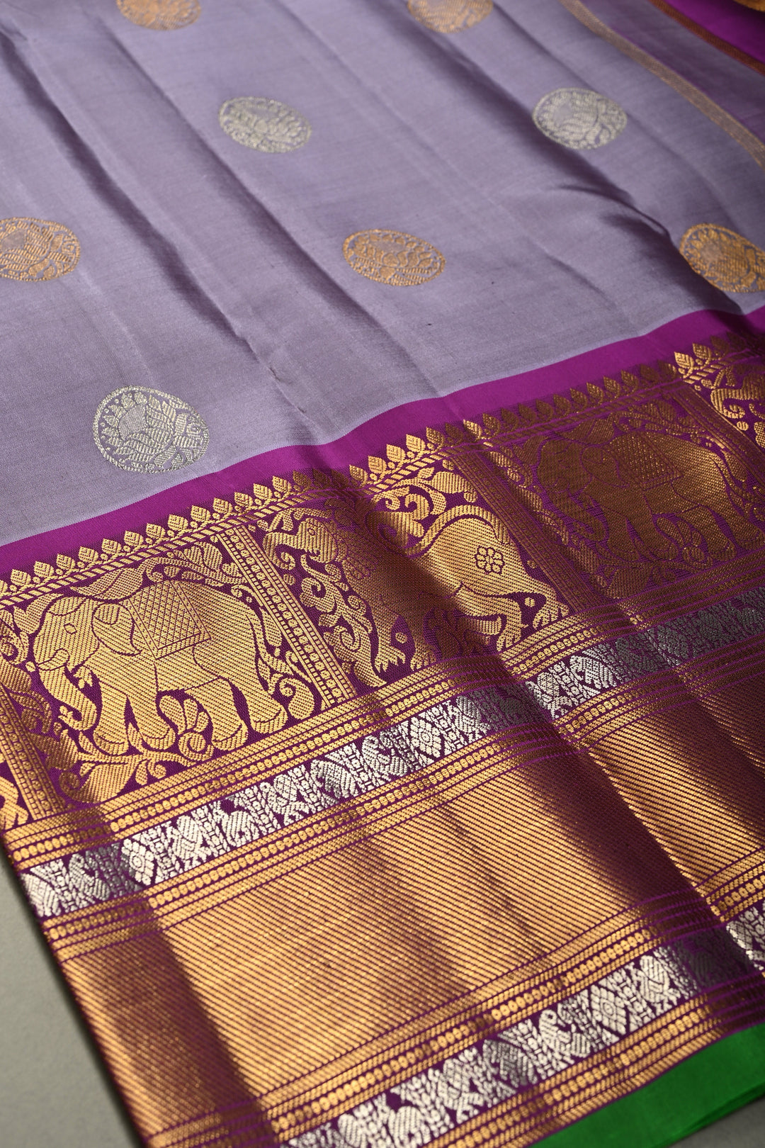 Gray-Dusty Lavender Gadwal Silk Saree with Gold-Silver Floral Zari Buttas and Contrast Wide Zari Border | SILK MARK CERTIFIED | SHOBITAM