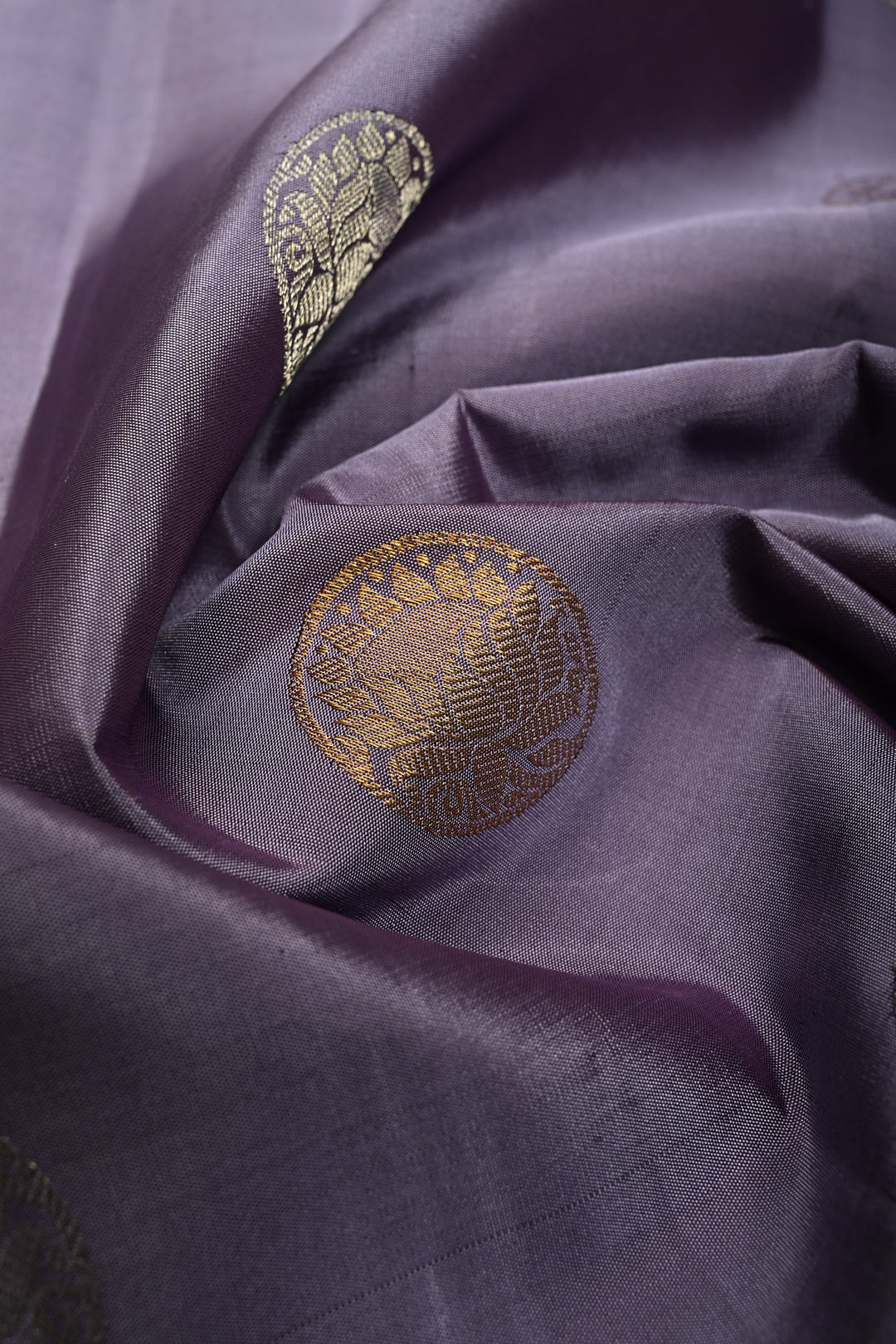 Gray-Dusty Lavender Gadwal Silk Saree with Gold-Silver Floral Zari Buttas and Contrast Wide Zari Border | SILK MARK CERTIFIED | SHOBITAM