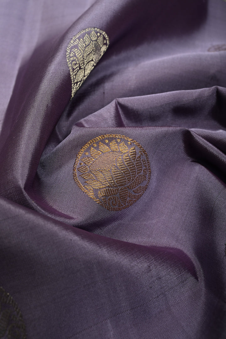 Gray-Dusty Lavender Gadwal Silk Saree with Gold-Silver Floral Zari Buttas and Contrast Wide Zari Border | SILK MARK CERTIFIED | SHOBITAM
