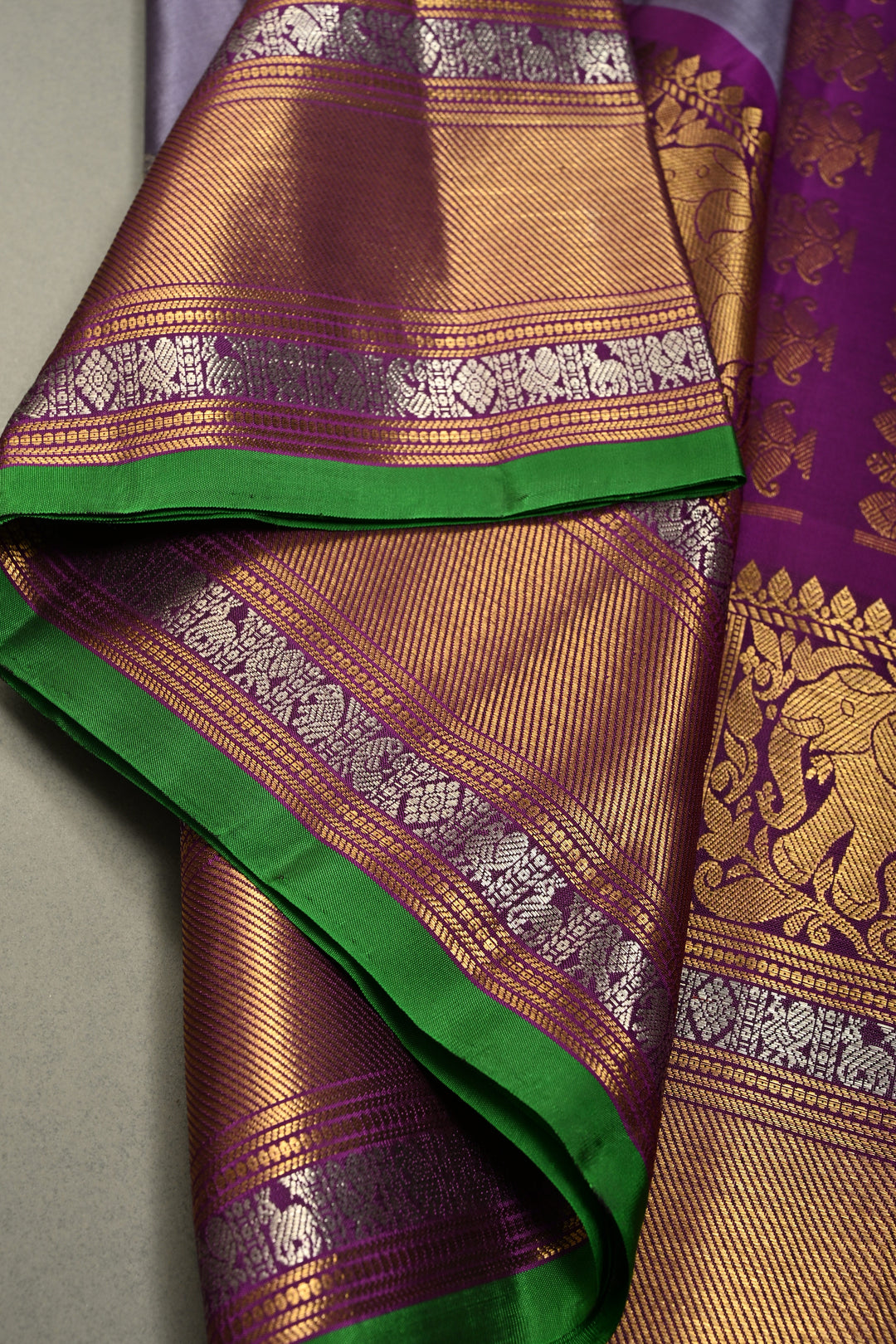 Gray-Dusty Lavender Gadwal Silk Saree with Gold-Silver Floral Zari Buttas and Contrast Wide Zari Border | SILK MARK CERTIFIED | SHOBITAM