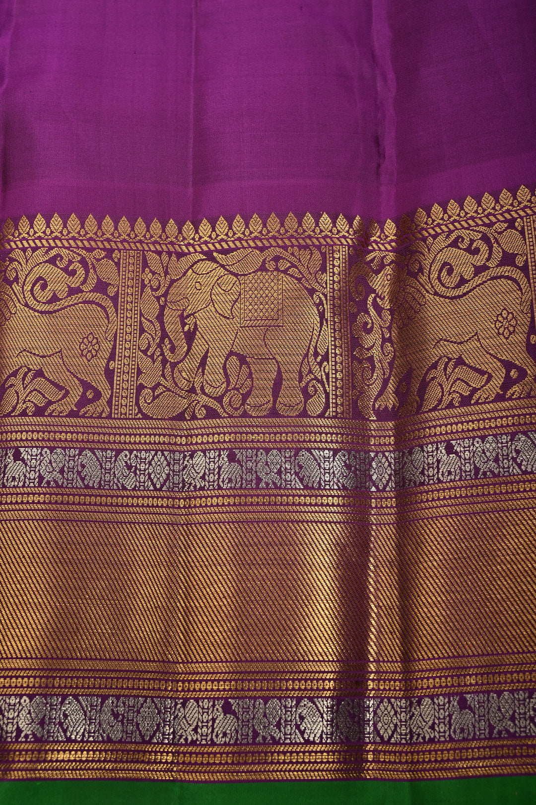 Gray-Dusty Lavender Gadwal Silk Saree with Gold-Silver Floral Zari Buttas and Contrast Wide Zari Border | SILK MARK CERTIFIED | SHOBITAM