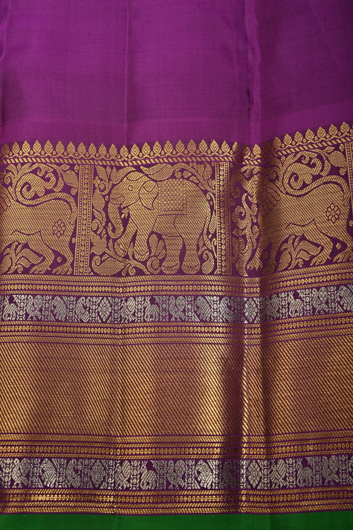 Gray-Dusty Lavender Gadwal Silk Saree with Gold-Silver Floral Zari Buttas and Contrast Wide Zari Border | SILK MARK CERTIFIED | SHOBITAM